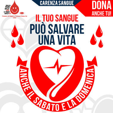 Grafica con cuore e scritta ‘Il tuo sangue può salvare una vita – anche il sabato e la domenica’ su sfondo bianco
