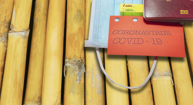 Passaporto e mascherina chirurgica su sfondo di canne di bambù, con cartellino rosso riportante la scritta ‘Coronavirus COVID-19’ e un post-it con la casella ‘positive’ spuntata