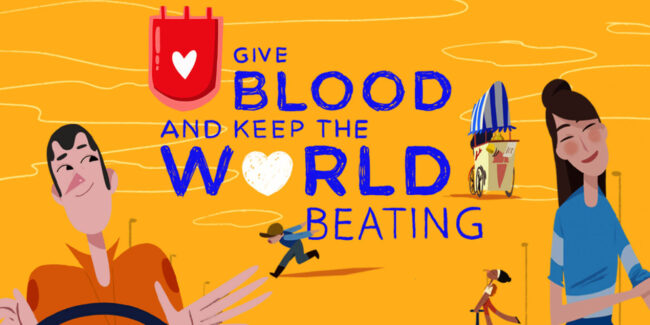 Illustrazione colorata con persone in varie attività e sacchetto di sangue stilizzato con cuore, con slogan 'Give Blood and Keep the World Beating' per la Giornata Mondiale del Donatore di Sangue