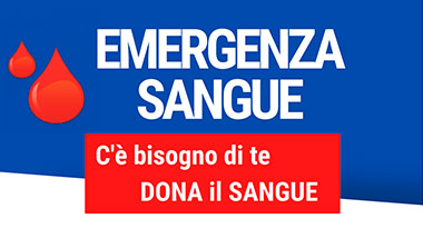 Grafica con testo 'Emergenza sangue. C'è bisogno di te. Dona il sangue' con gocce rosse su sfondo blu e bianco