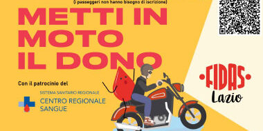 Metti in moto il dono – evento FIDAS con iscrizione gratuita Banner dell’iniziativa Metti in moto il dono. Illustrazione di una persona su una moto rossa con bandiera FIDAS. Testo: iscrizione online gratuita entro il 12 settembre. Evento con il patrocinio del Centro Regionale Sangue