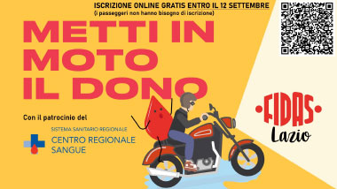 Banner dell’iniziativa Metti in moto il dono. Illustrazione di una persona su una moto rossa con bandiera FIDAS. Testo: iscrizione online gratuita entro il 12 settembre. Evento con il patrocinio del Centro Regionale Sangue